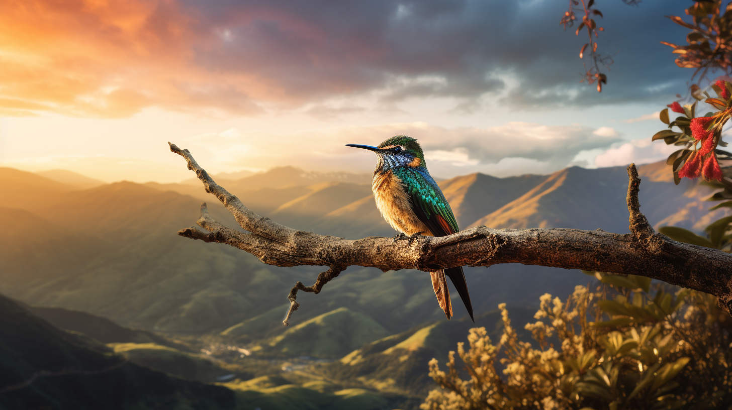 Un hummingbird ou colibri posé sur une branche contemplant le paysage vallonné