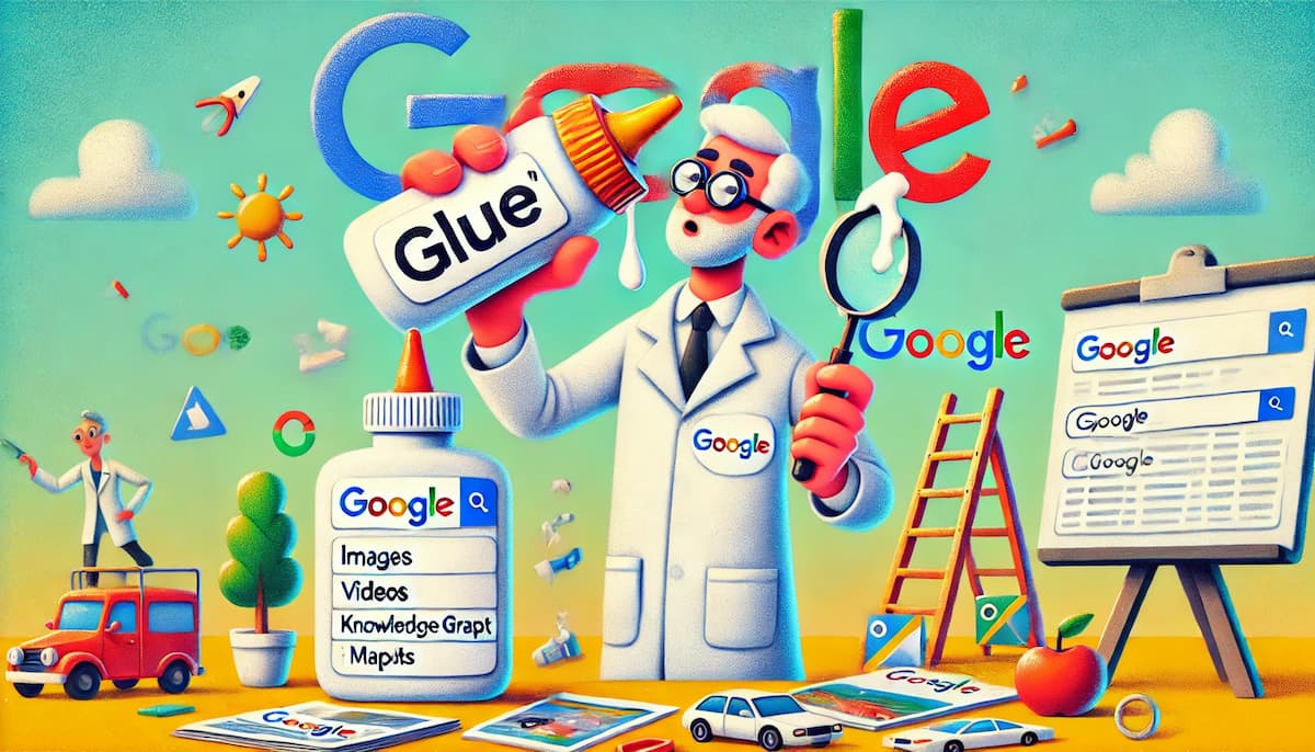 illustration humoristique d'un ingénieur de Google mettant de la colle sur les pages de résultats