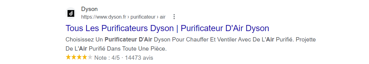 résultats enrichis dans les pages de résultats de Google pour la page du site Dyson grâce aux données structurées de type product