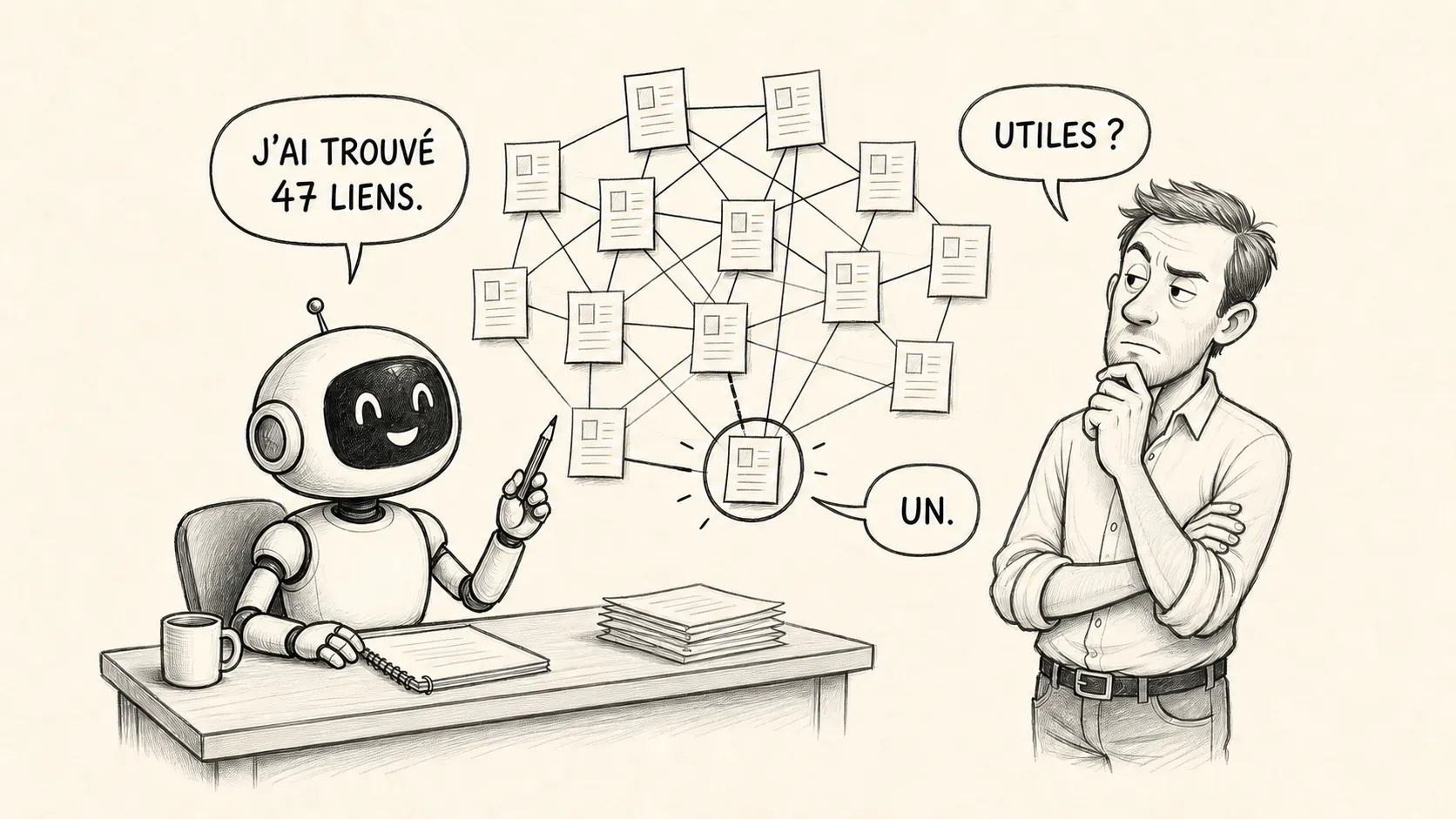 Illustration au crayon d’un agent IA comparant des liens internes sous le regard d’un consultant SEO