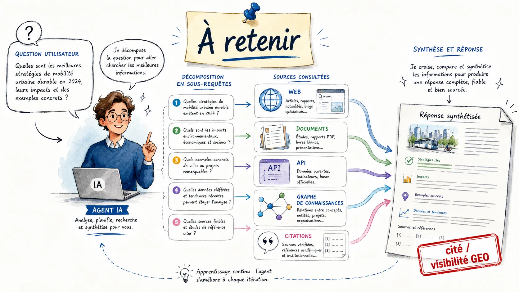 Agent IA transformant une question en réponse citée pour la visibilité GEO