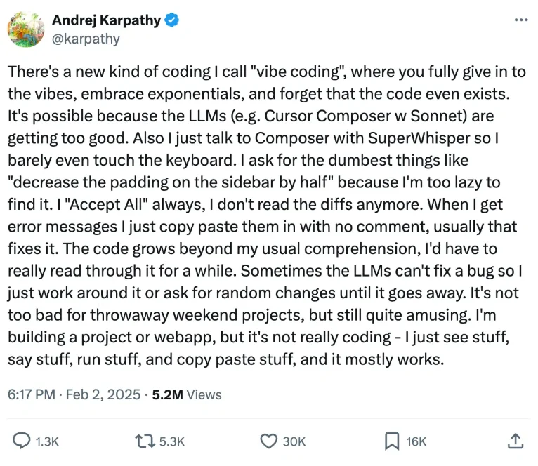 Le tweet d'Andrej Karpathy évoquant pour la première fois le terme