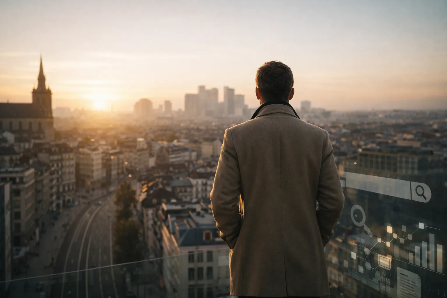 Consultant SEO observant une ville au coucher du soleil, symbolisant la transformation du métier vers l'architecte de visibilité