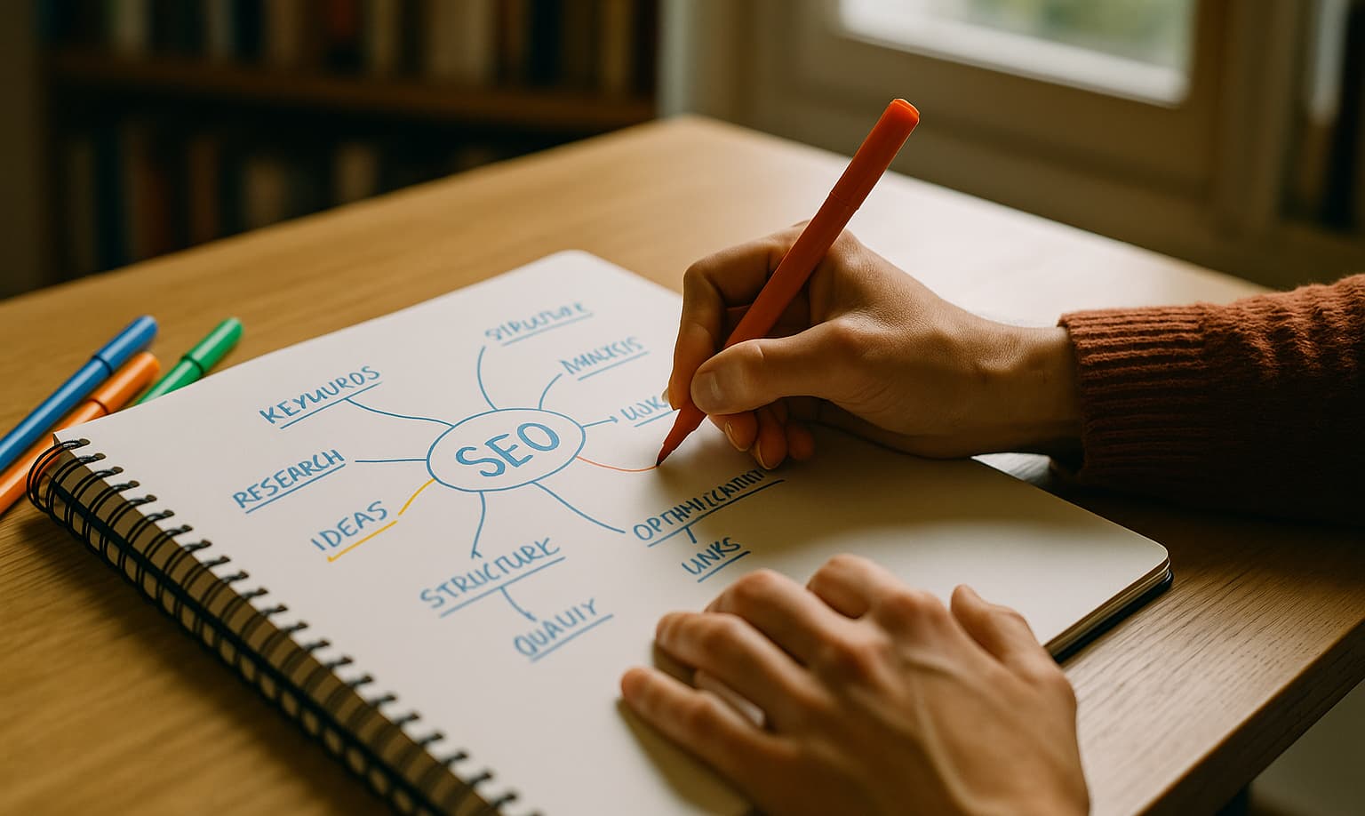 Rédacteur web travaillant sur la structure d'un article SEO optimisé en 2025