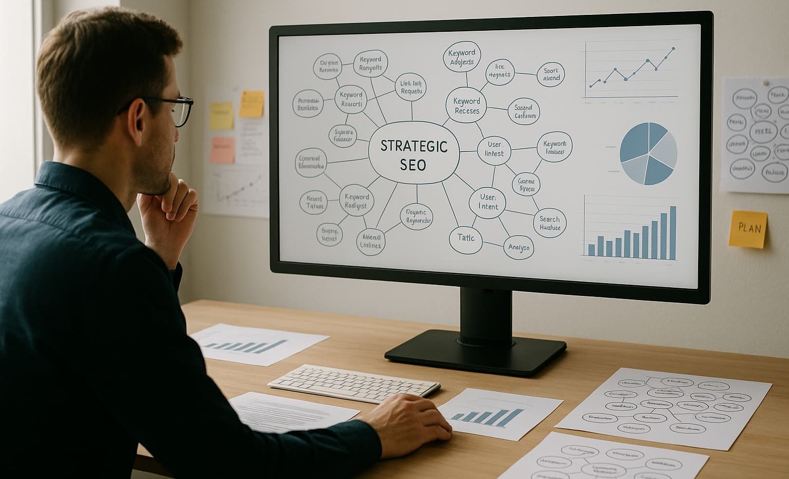 Consultant SEO travaillant sur l'audit sémantique du site de son client