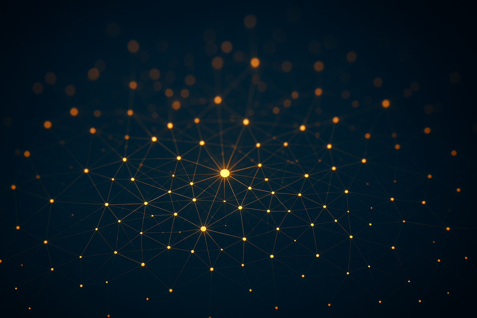 Illustration du concept d'autorité thématique en 2026, le point lumineux central développant sa topical authority grâce à un réseau de points interconnectés reliés à lui