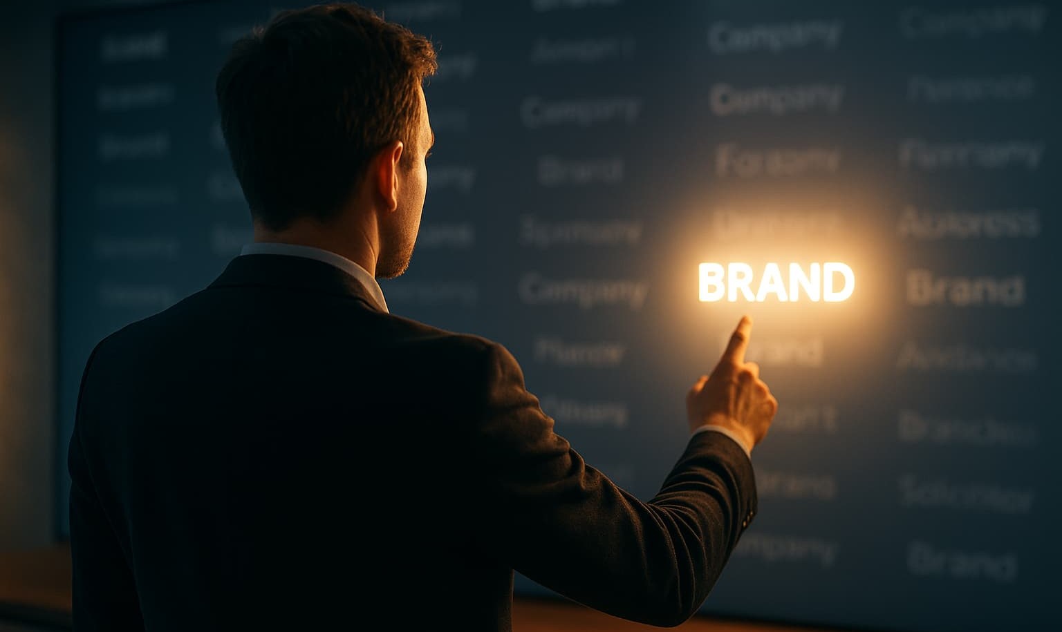 Un homme de dos pointant une marque mise en lumière grâce à sa brand authority