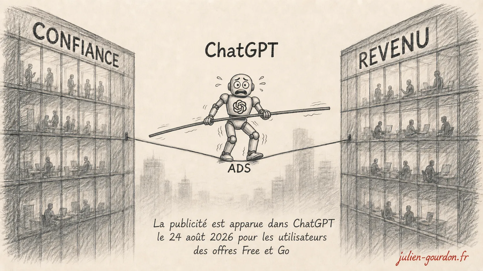 ChatGPT tel un funambule tentant de tenir en équilibre entre la confiance des utilisateurs et les revenus qu'il doit générer pour combler son déficit financier