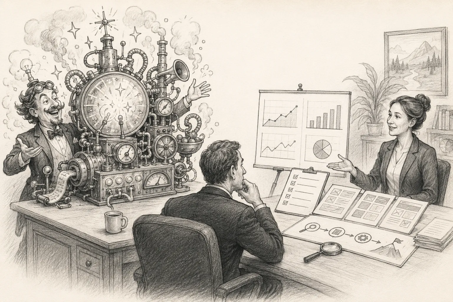 Consultant SEO IA présentant un audit face à une promesse magique