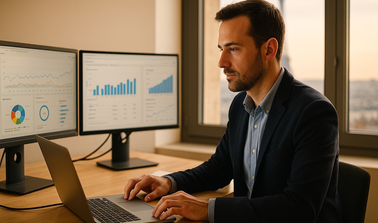 Consultant SEO à Paris analysant le trafic d'un site web dans son bureau avec vue sur la tour Eiffel