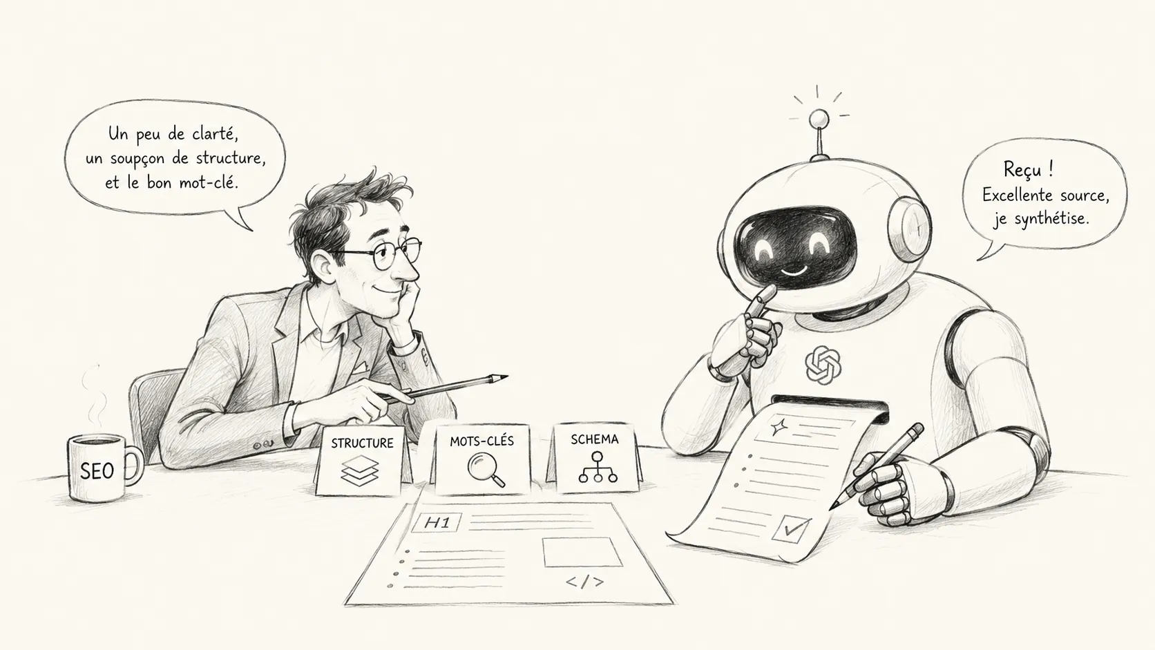 Illustration d'un consultant SEO guidant un LLM pour influencer ses réponses