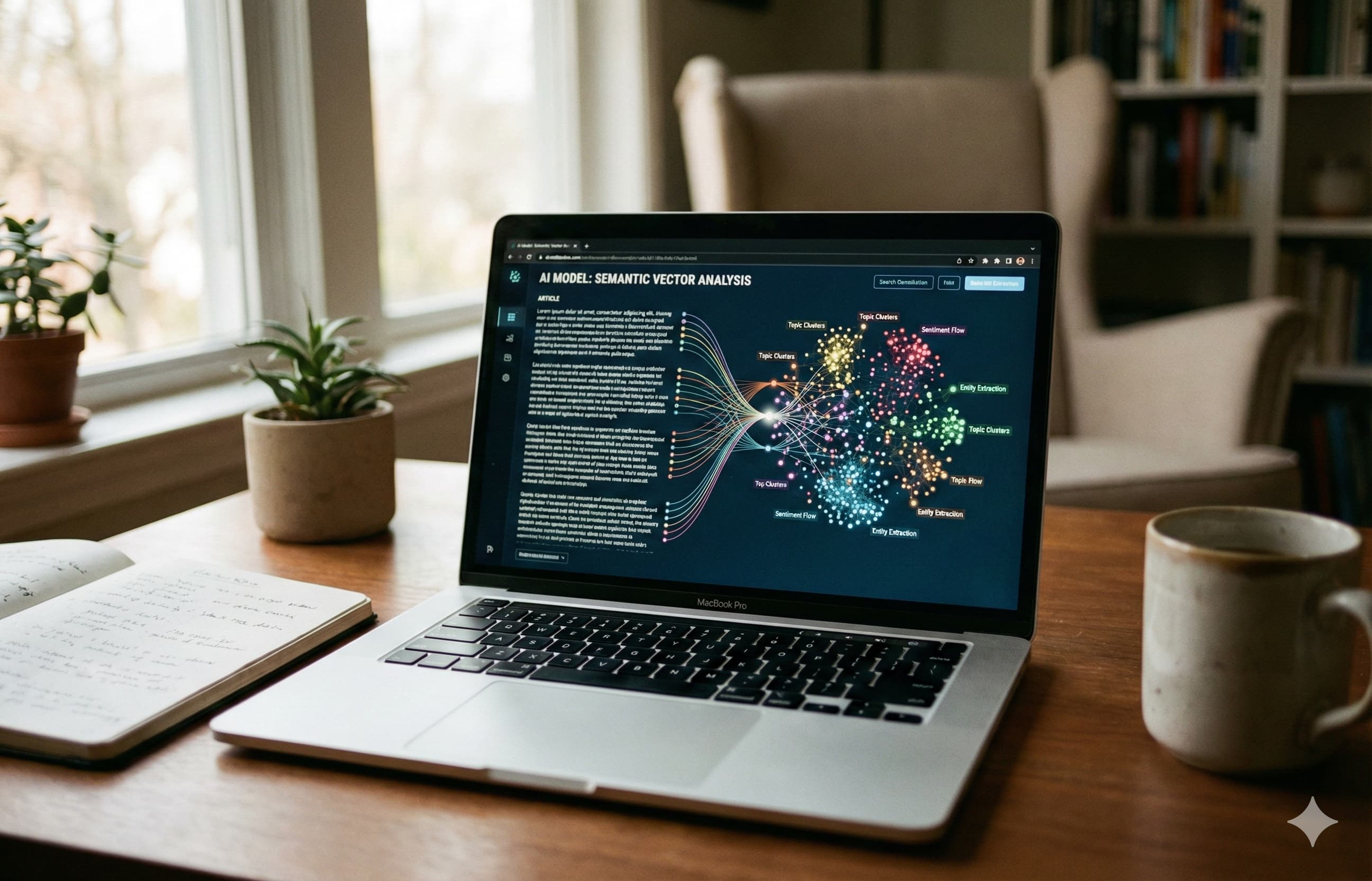 Ordinateur portable sur un bureau affichant un graphe d'analyse sémantique IA