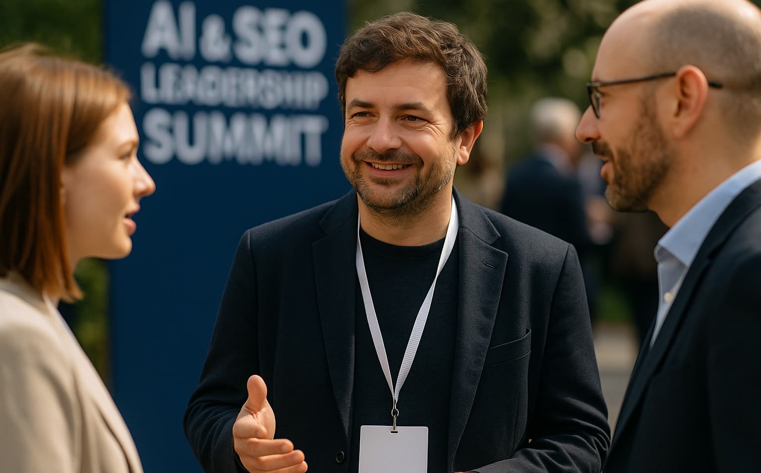 Consultant GEO  échangeant avec des clients lors d'un événement fictif dédié au Generative Engine Optimization