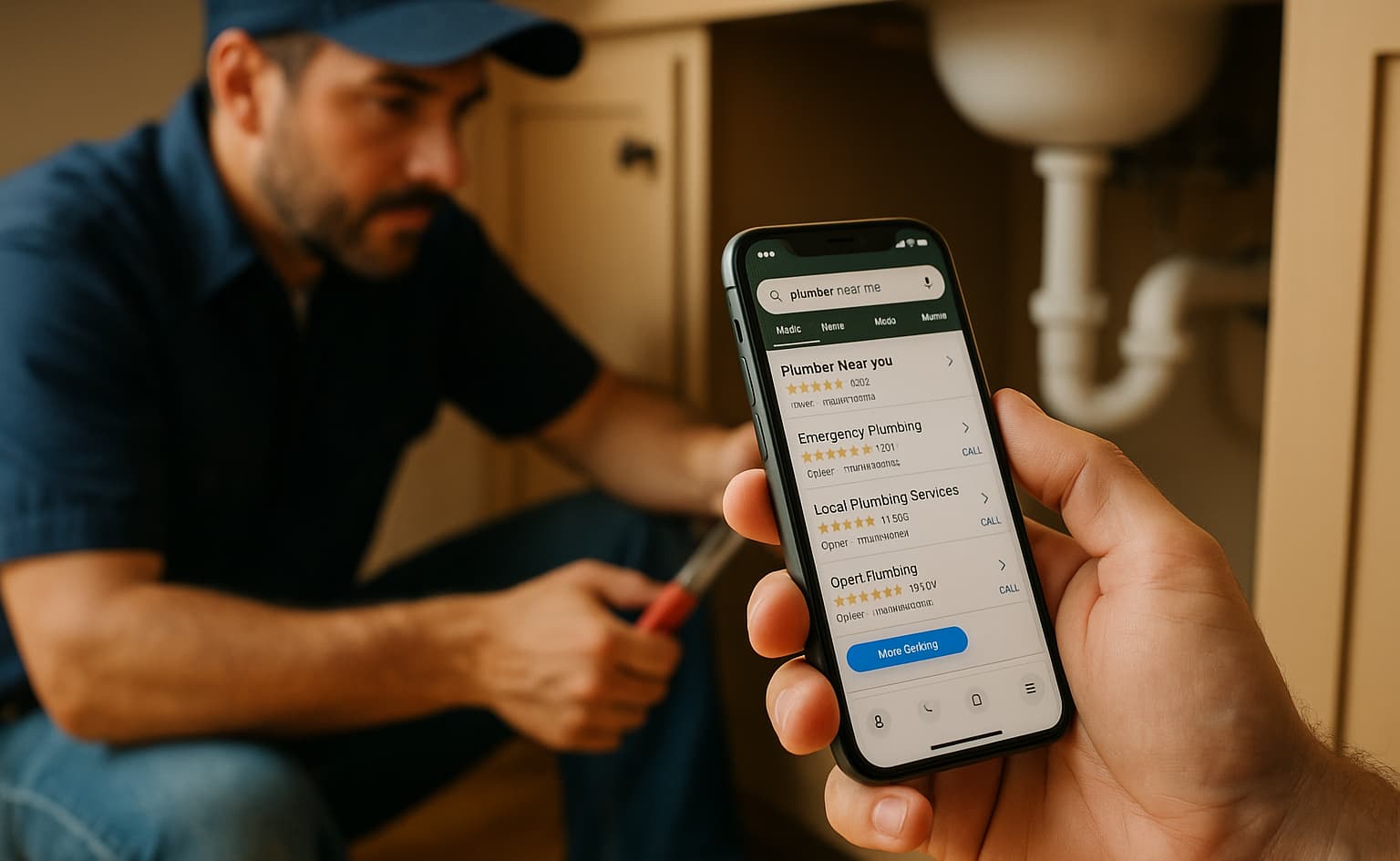 Client vérifiant les avis sur la fiche Google Business Profile de l'artisan plombier travaillant sur place