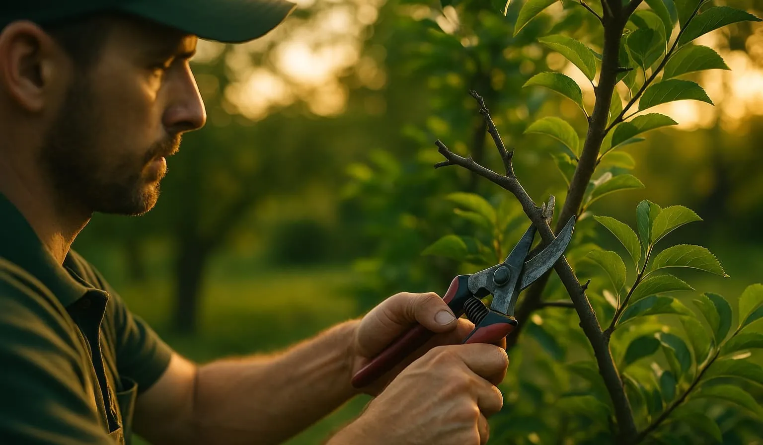 Professionnel élaguant un arbuste pour illustrer le content pruning en SEO