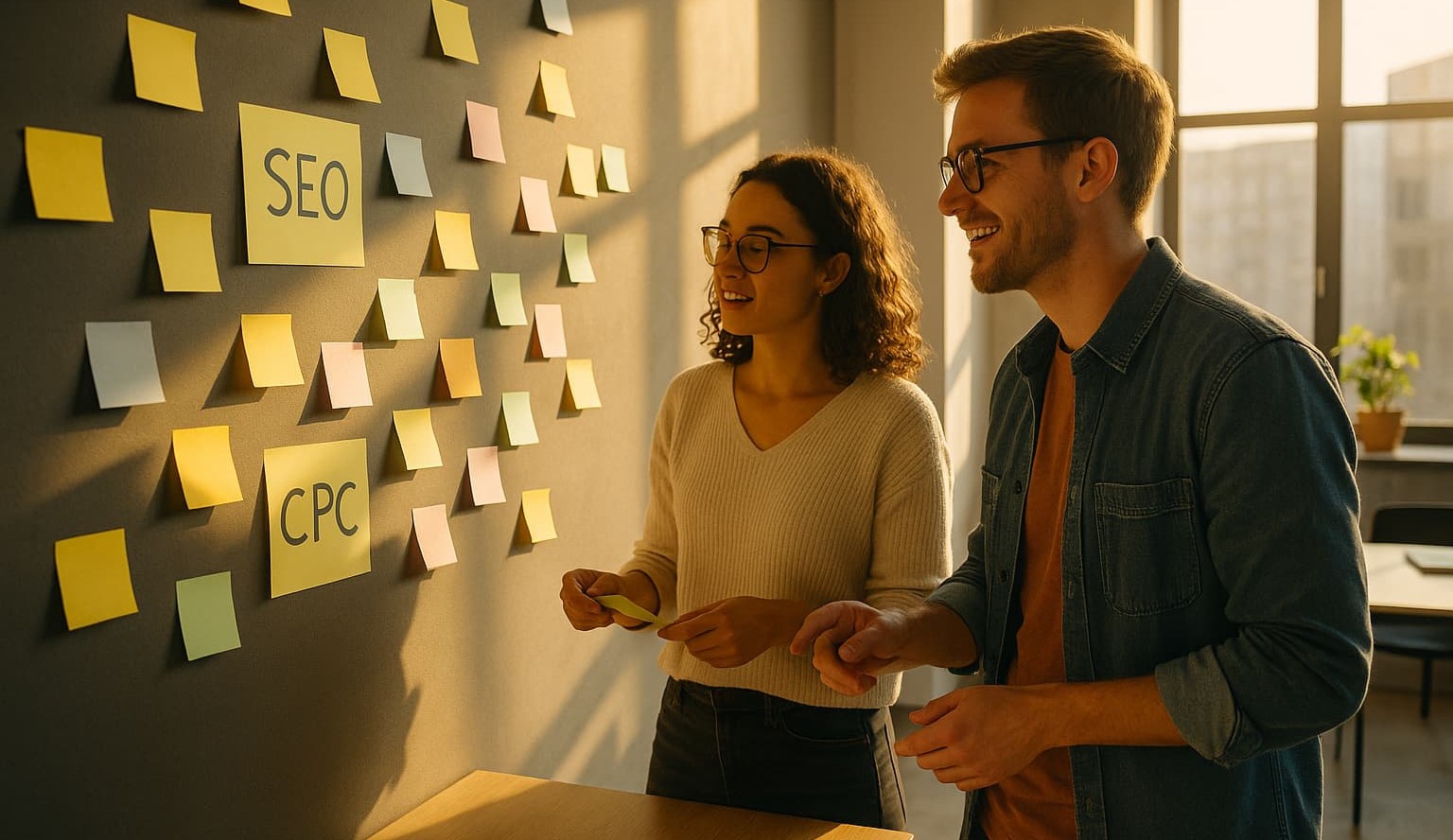 Une consultante SEA et un consultant SEO travaillant main dans la main pour optimiser les coûts d'acquisition en 2025