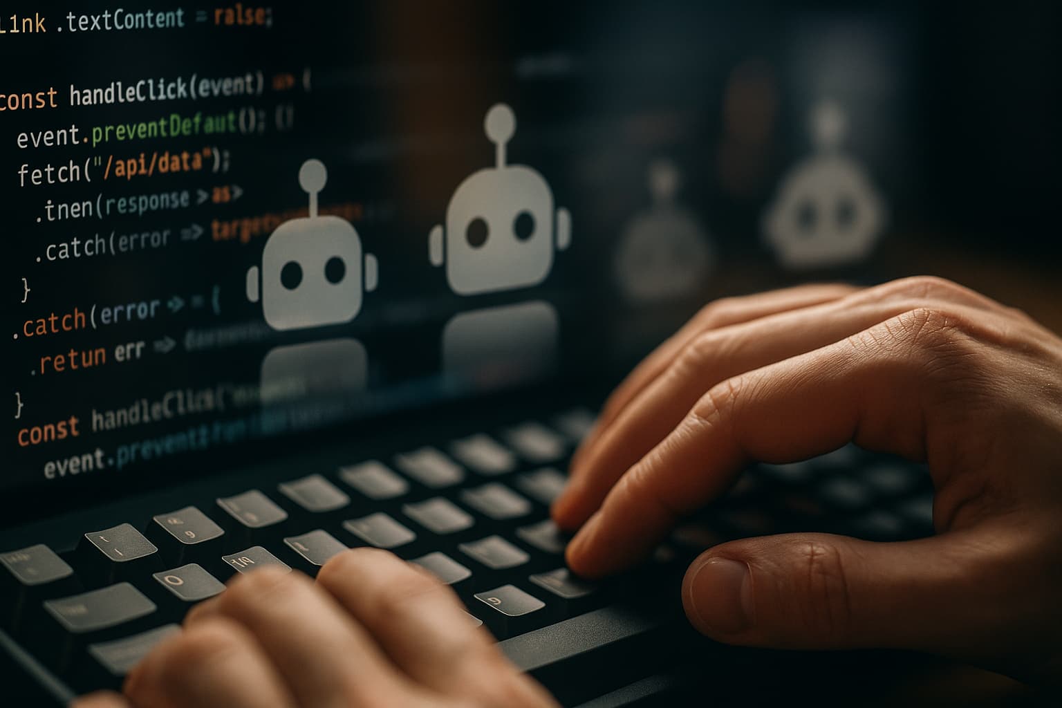 Mains d’un développeur tapant du code JavaScript avec des icônes de robots d’IA flottant en arrière-plan pour symboliser le rendu invisible du contenu par les crawlers d’IA