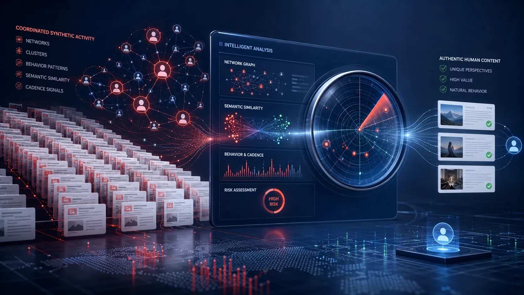 Détection du spam IA par clusters, signaux comportementaux et analyse sémantique