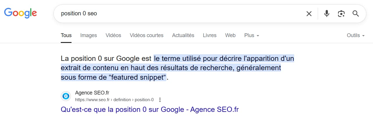 Extrait de la position zéro sur Google pour l'expression 