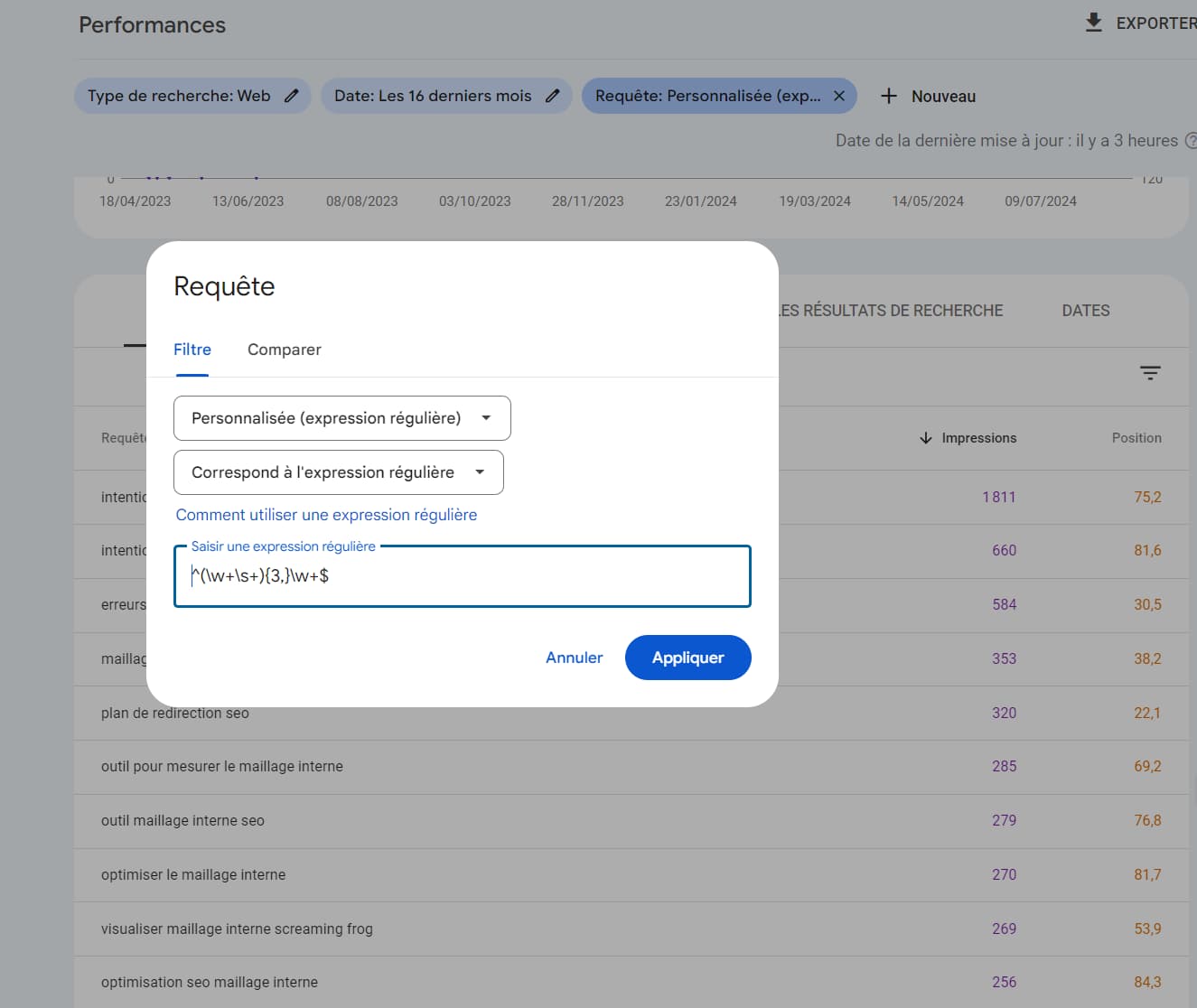 capture d'écran de l'expression régulière permettant de n'afficher que les expressions qui contiennent plus de 3 mots dans la Google Search Console