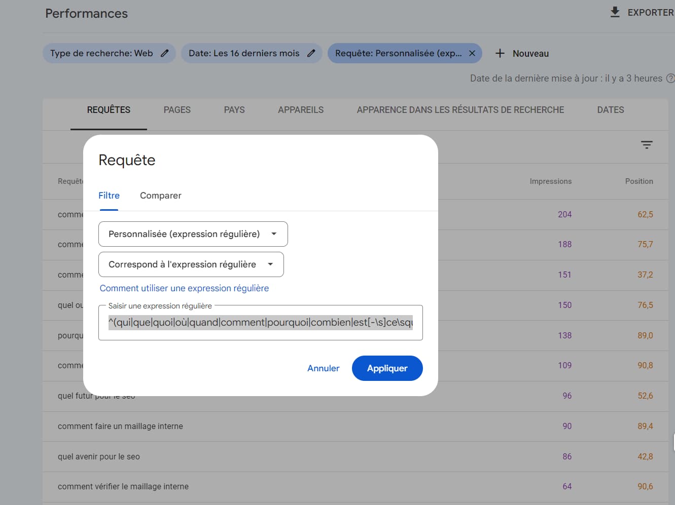 capture d'écran de l'expression régulière permettant d'afficher toutes les questionsdans la Google Search Console