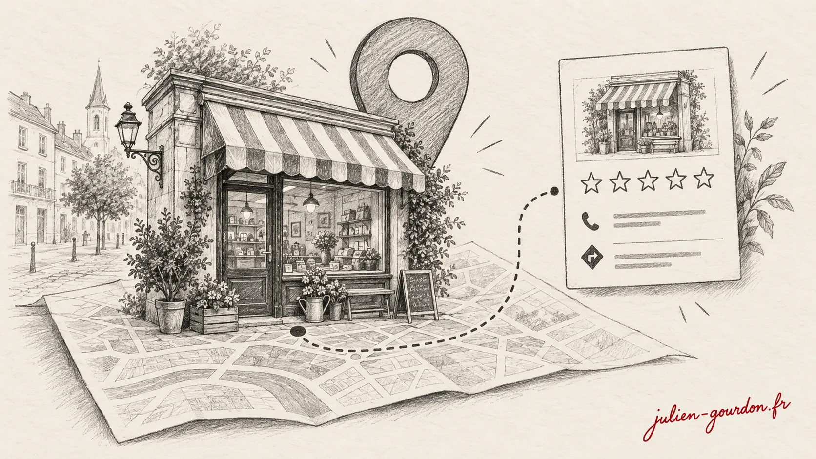 Dessin au crayon noir montrant un commerce sur une carte locale, relié à sa fiche Google Business Profile et ses avis clients.