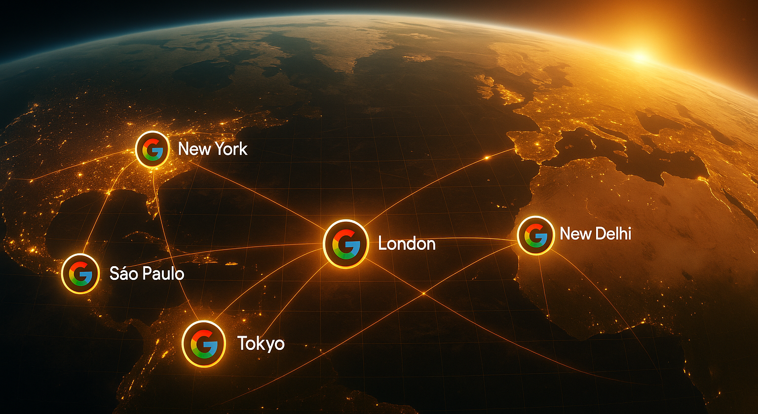 Vue de la planète terre illustrant l'évolution et l'impact mondial des AI Overviews de Google entre 2023 et 2025