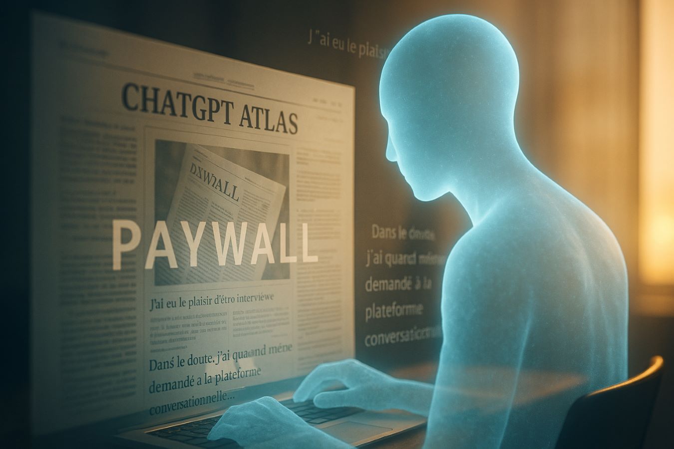 Robot d'intelligence artificielle lisant un article protégé par un paywall, illustrant la capacité des IA comme ChatGPT à accéder à des contenus bloqués