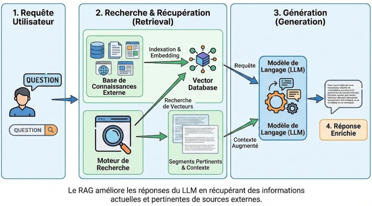 Infographie illustrant le fonctionnement d'un système de RAG (Retrieval Augmented Generation)