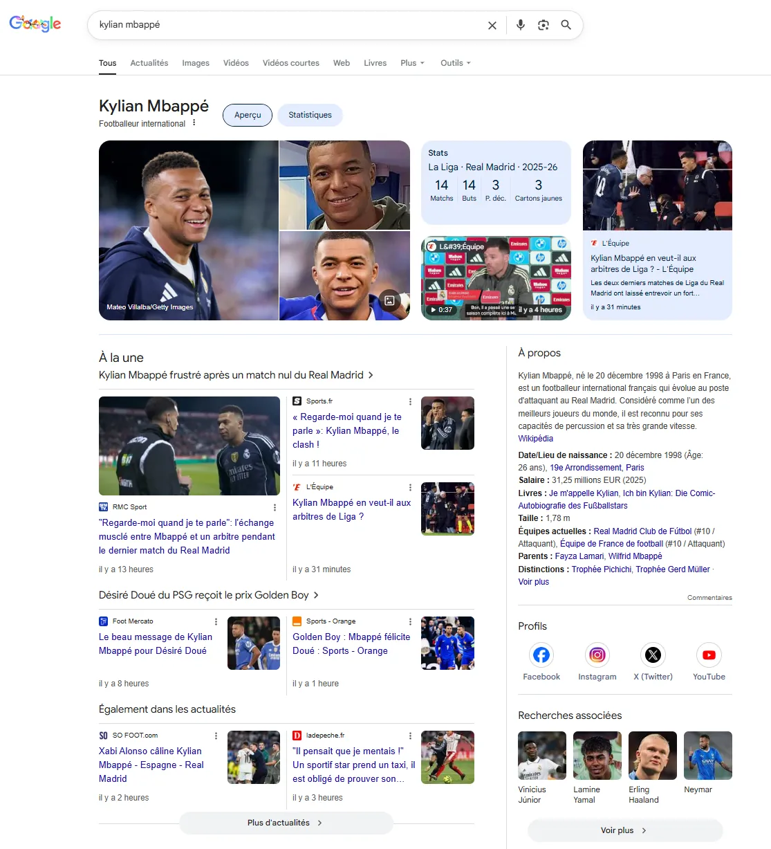 Informations affichées dans la page de résultats de Google à propos du footballeur Kylian Mbappé tirées directement du Knowledge Graph du moteur de recherche