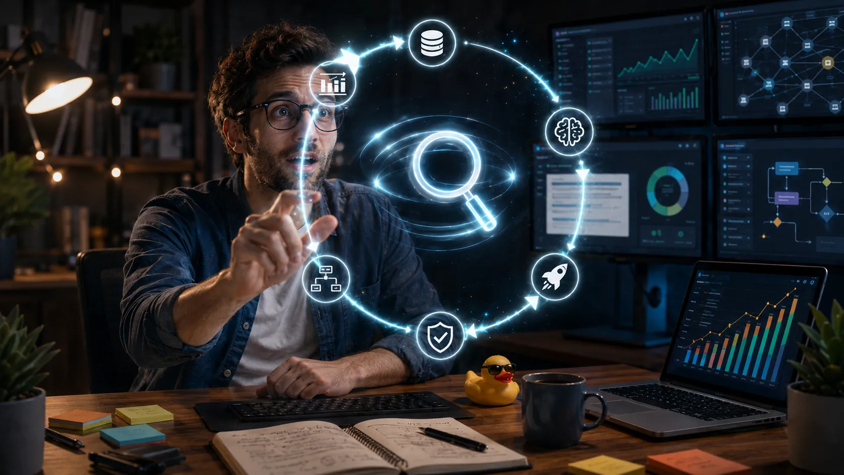 Consultant SEO dessinant une boucle agentique lumineuse devant ses écrans