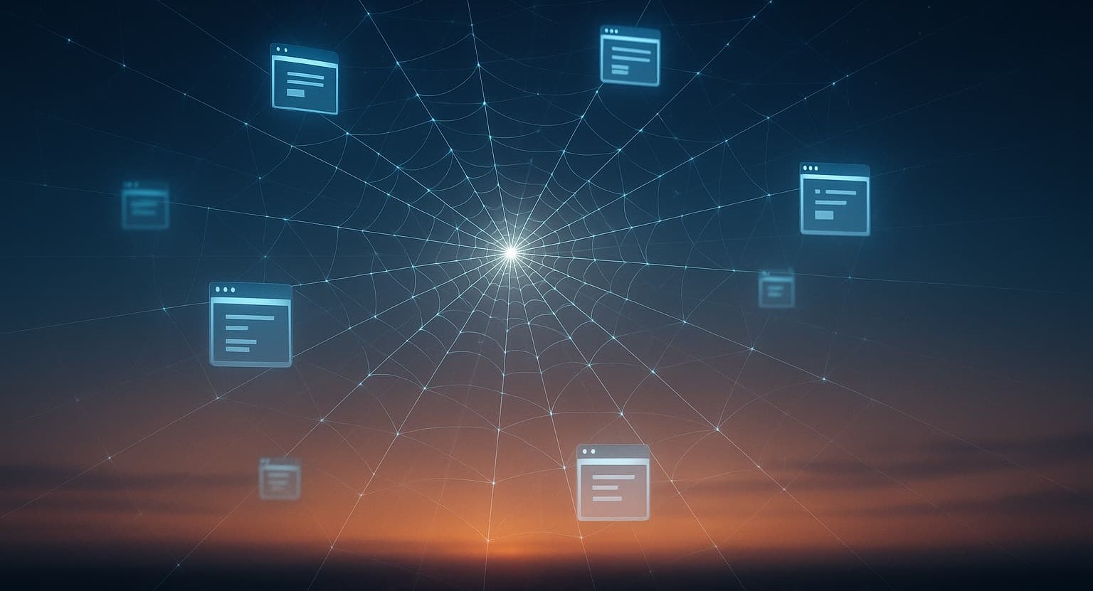 Illustration métaphorique du maillage interne SEO représenté par une toile d’araignée lumineuse reliant des pages web dans un espace digital