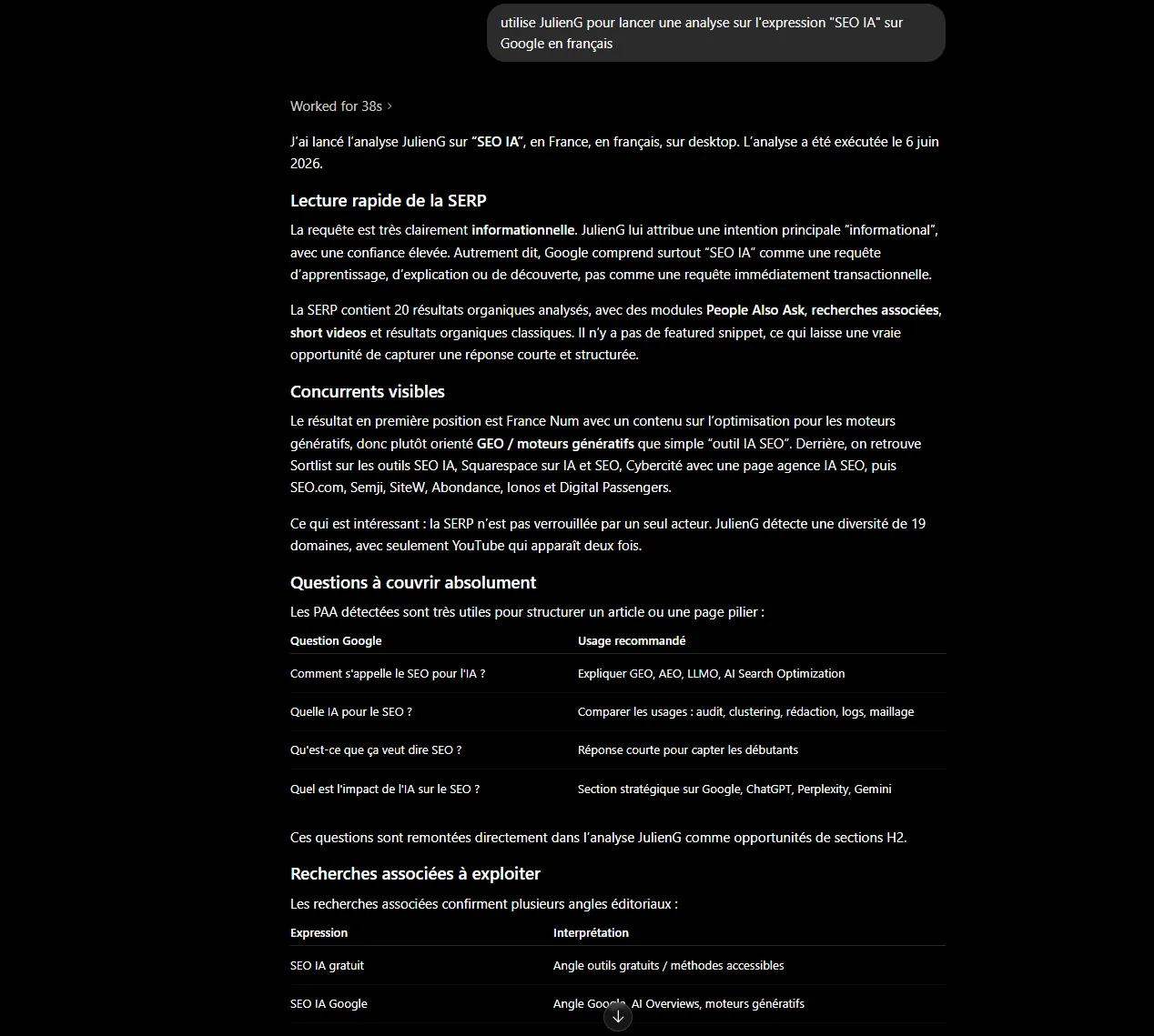 utilisation d'un connecteur MCP permettant de lancer une analyse de la page de résultats de Google sur un terme spécifique directement depuis ChatGPT
