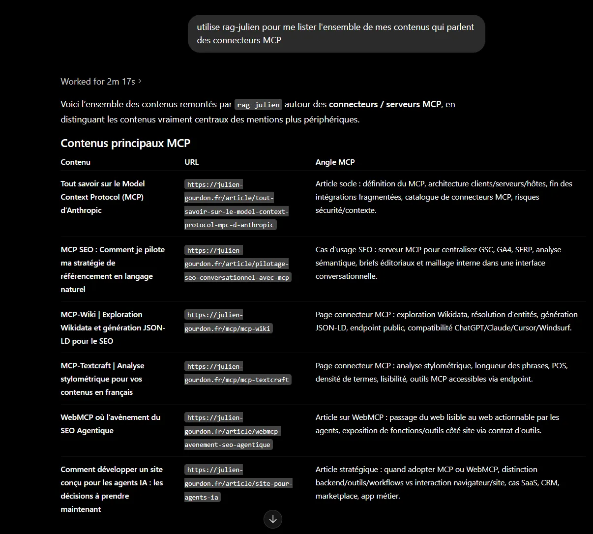 Utilisation d'un connecteur MCP permettant d'interroger en langage naturel l'ensemble des contenus de mon site