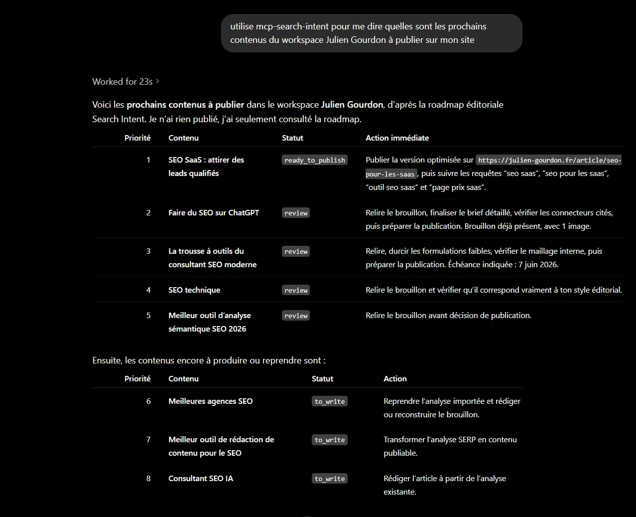 Utilisation d'un connecteur MCP permettant de stocker une roadmap de contenus à publier