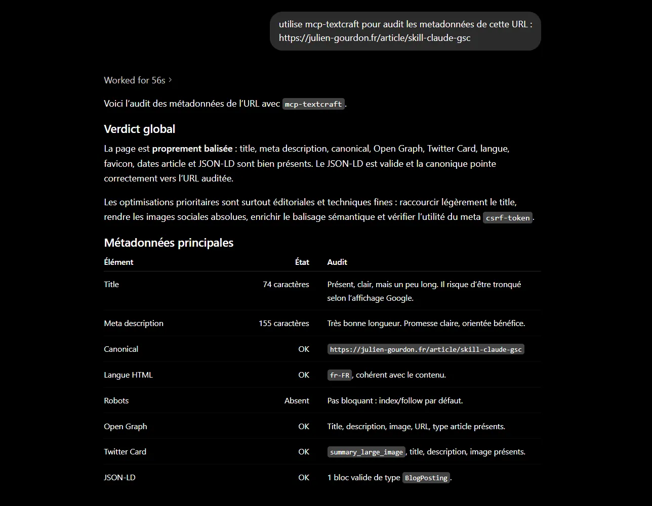 Utilisation d'un connecteur MCP me permettant d'auditer les metadonnéees des URL de mon site