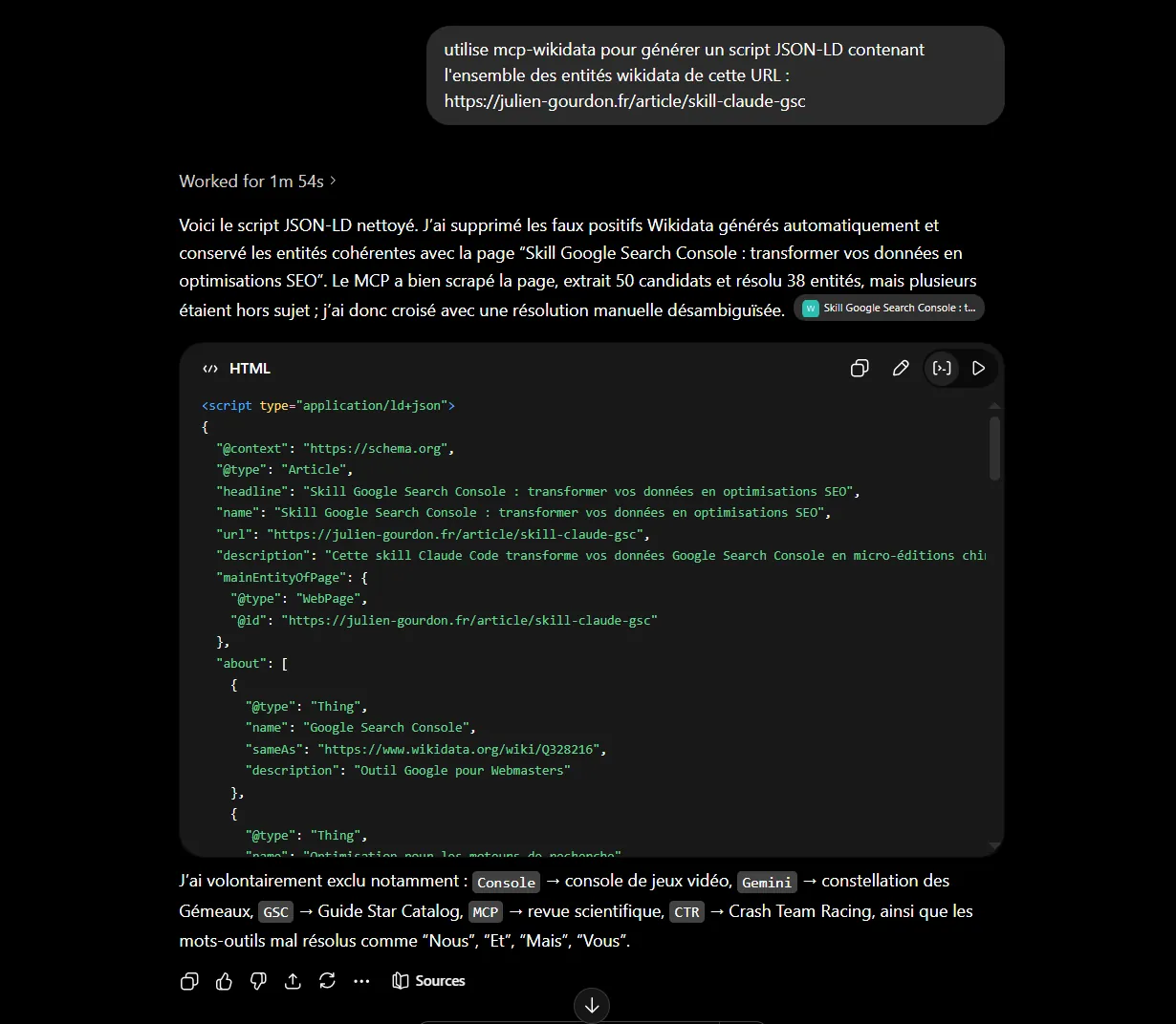 Utilisation d'un connecteur MCP Wikidata permettant de générer un script JSON-LD contenant l'ensemble des entités Wikidata d'une URL