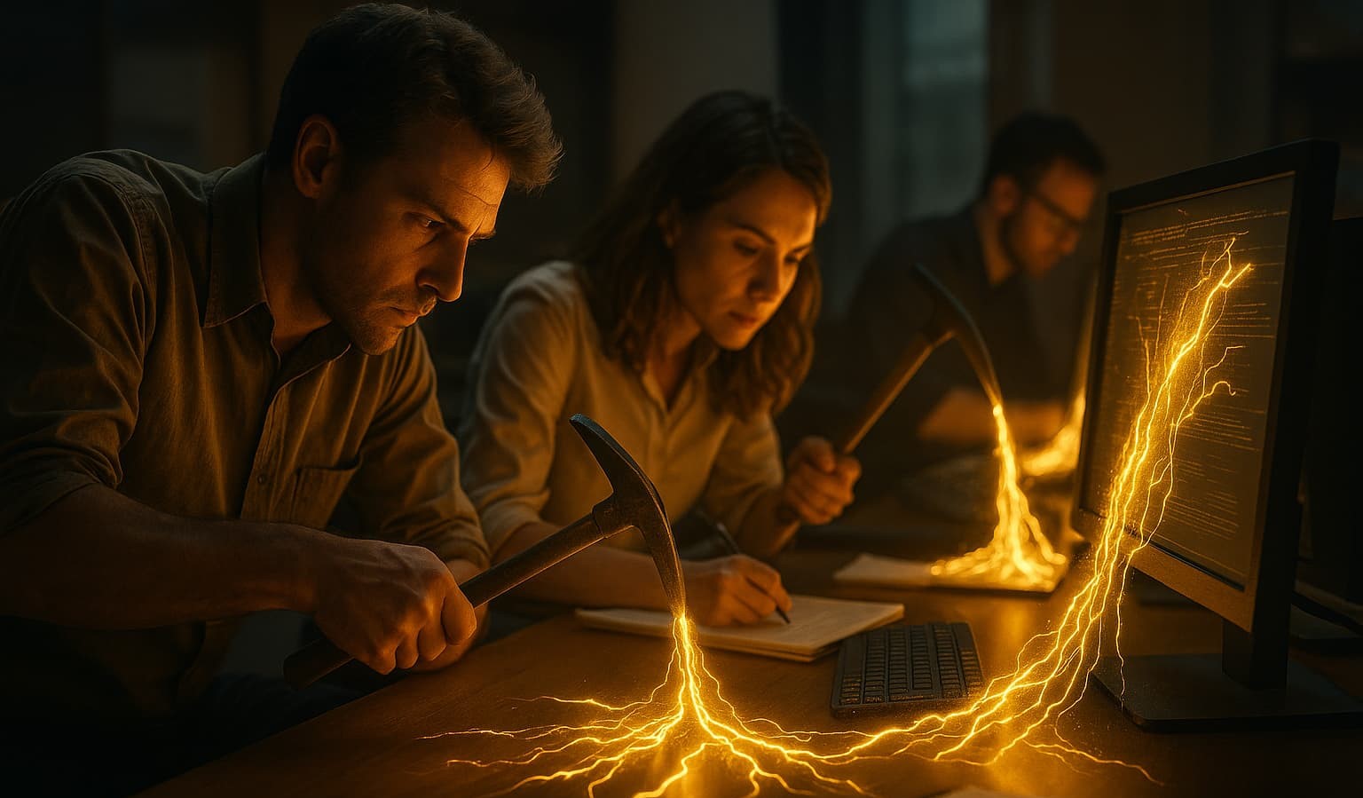 Journalistes extrayant des flux de données lumineuses symbolisant la valeur de l'information face à l'IA générative