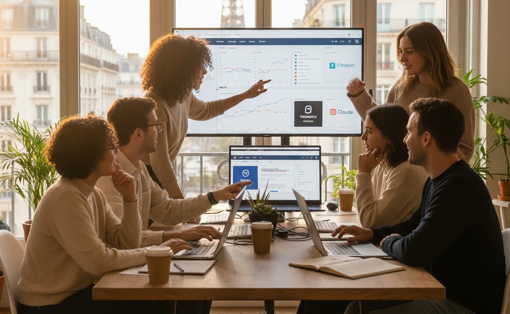 Experts d'une agence GEO parisienne collaborant sur des stratégies d'optimisateurs pour les moteurs IA comme ChatGPT