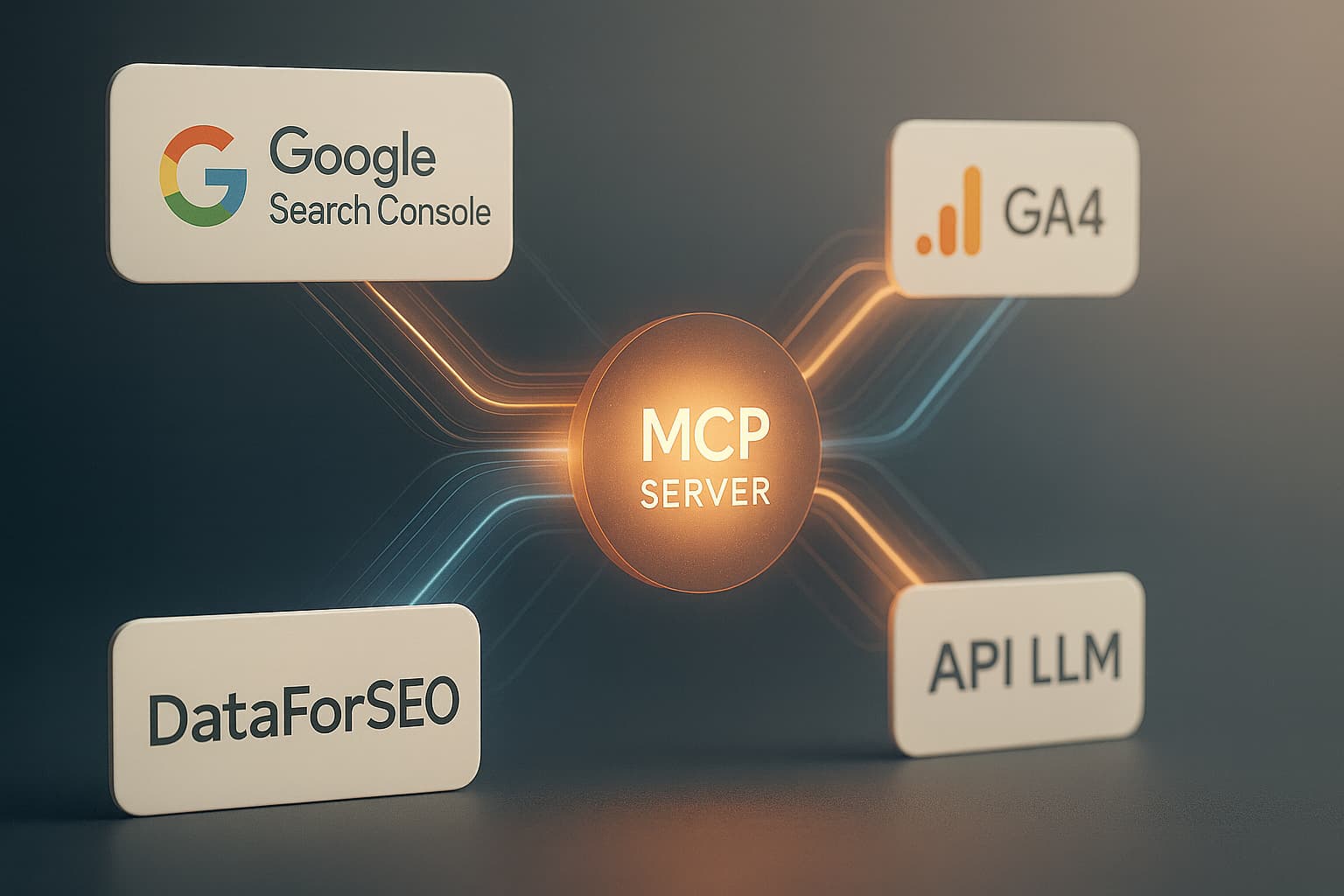 Illustration conceptuelle représentant la fusion des outils SEO en un serveur MCP centralisé