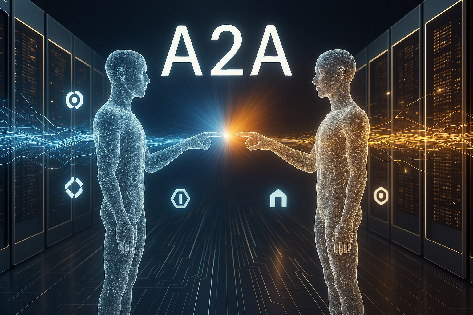 Illustration de deux agents IA communiquant entre eux grâce au protocole A2A de Google
