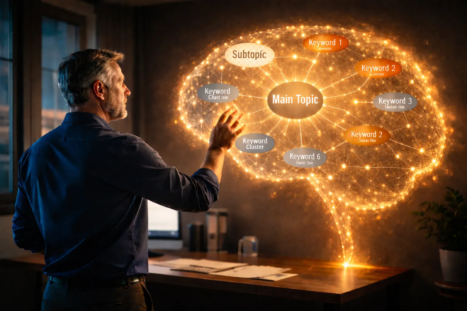 Image illustrant la notion de proximité sémantique montrant un thème central, le SEO, relié à différents termes et concepts.