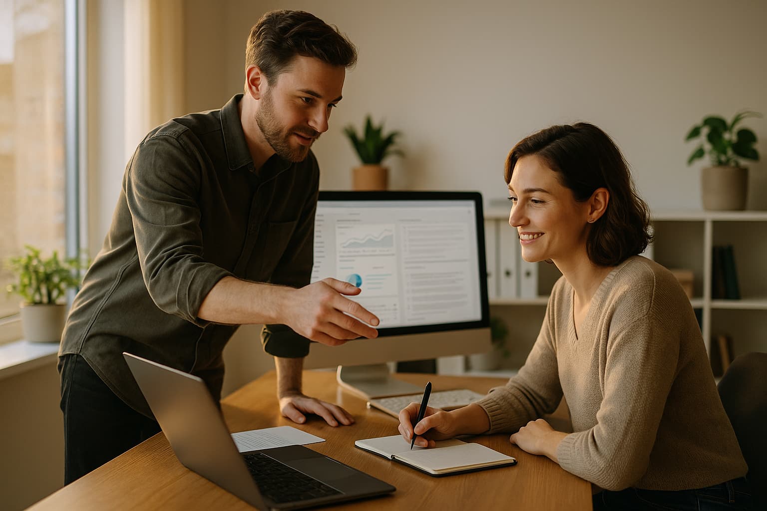 Deux experts en rédaction et SEO collaborant sur une stratégie de contenu utile et de qualité pour Google