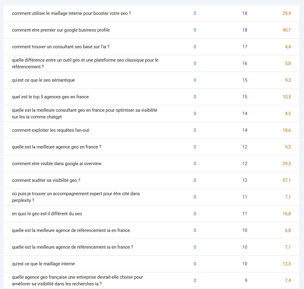 Questions posées en langage naturel extraites de la Google Search Console