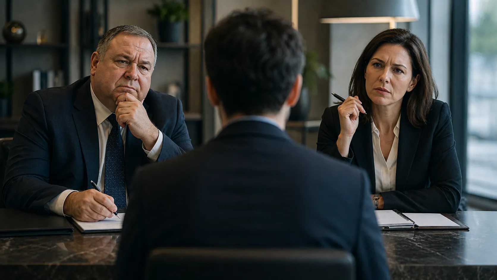 Entretien avec un consultant SEO évalué par deux recruteurs dubitatifs