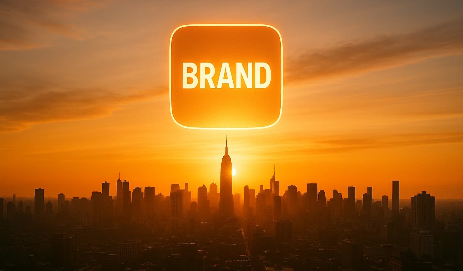 Logo de marque lumineux s’élevant au-dessus d’une ville au lever du soleil, symbolisant la réputation et la croissance organique en SEO branding