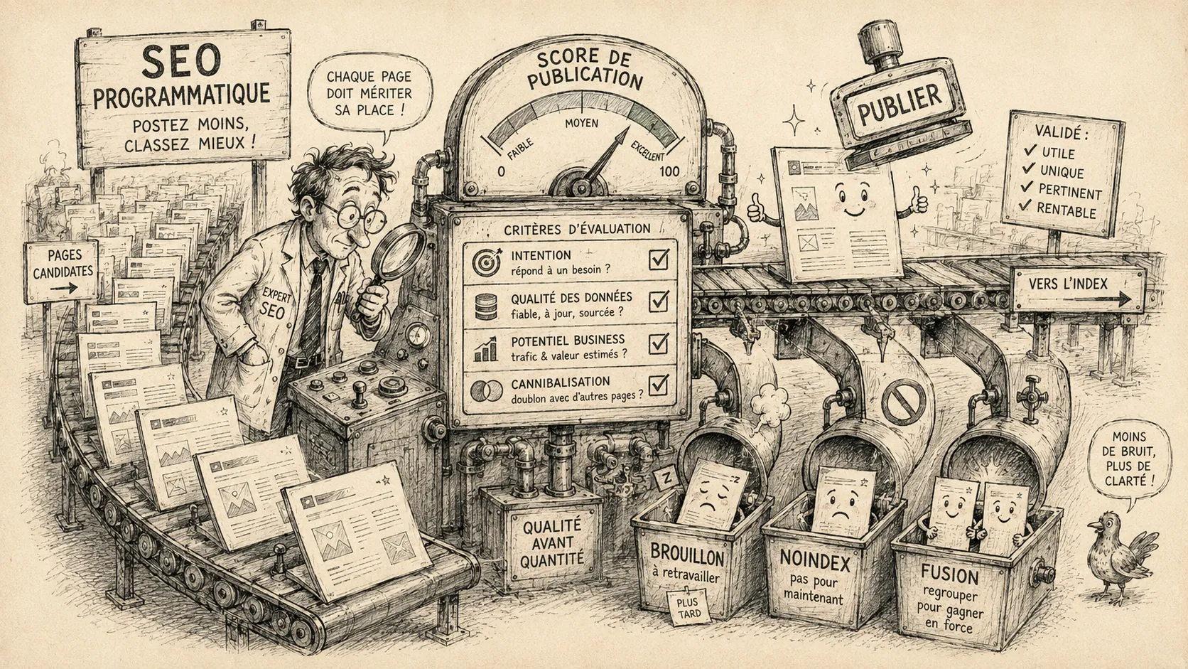 Illustration du SEO programmatique permettant de produire des contenus à la chaîne