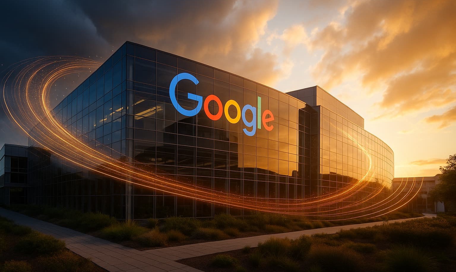 Siège de Google à Mountain View baigné de lumière dorée